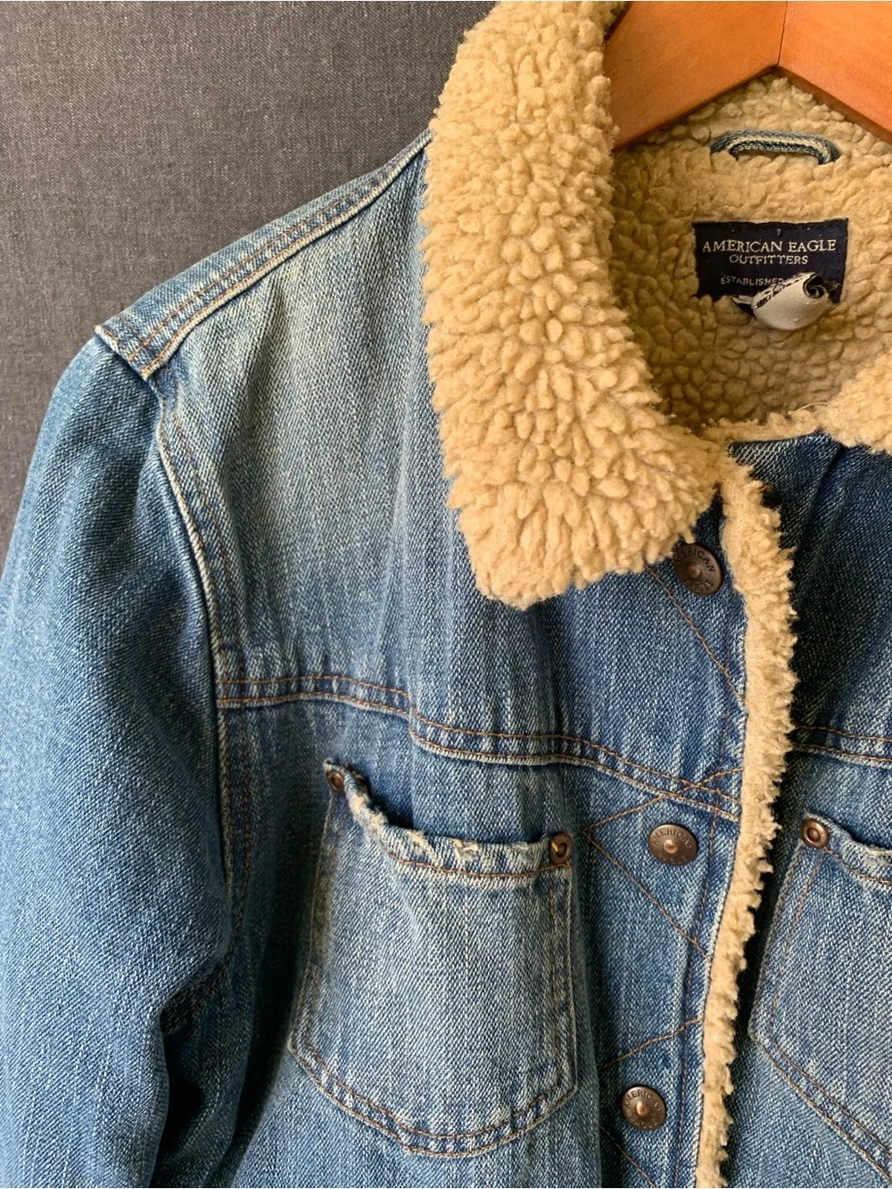 Vintage American Eagle Sherpa Lined Denim Jacket Womens Snap Buttons 90s Trucker - Picture 4 of 11